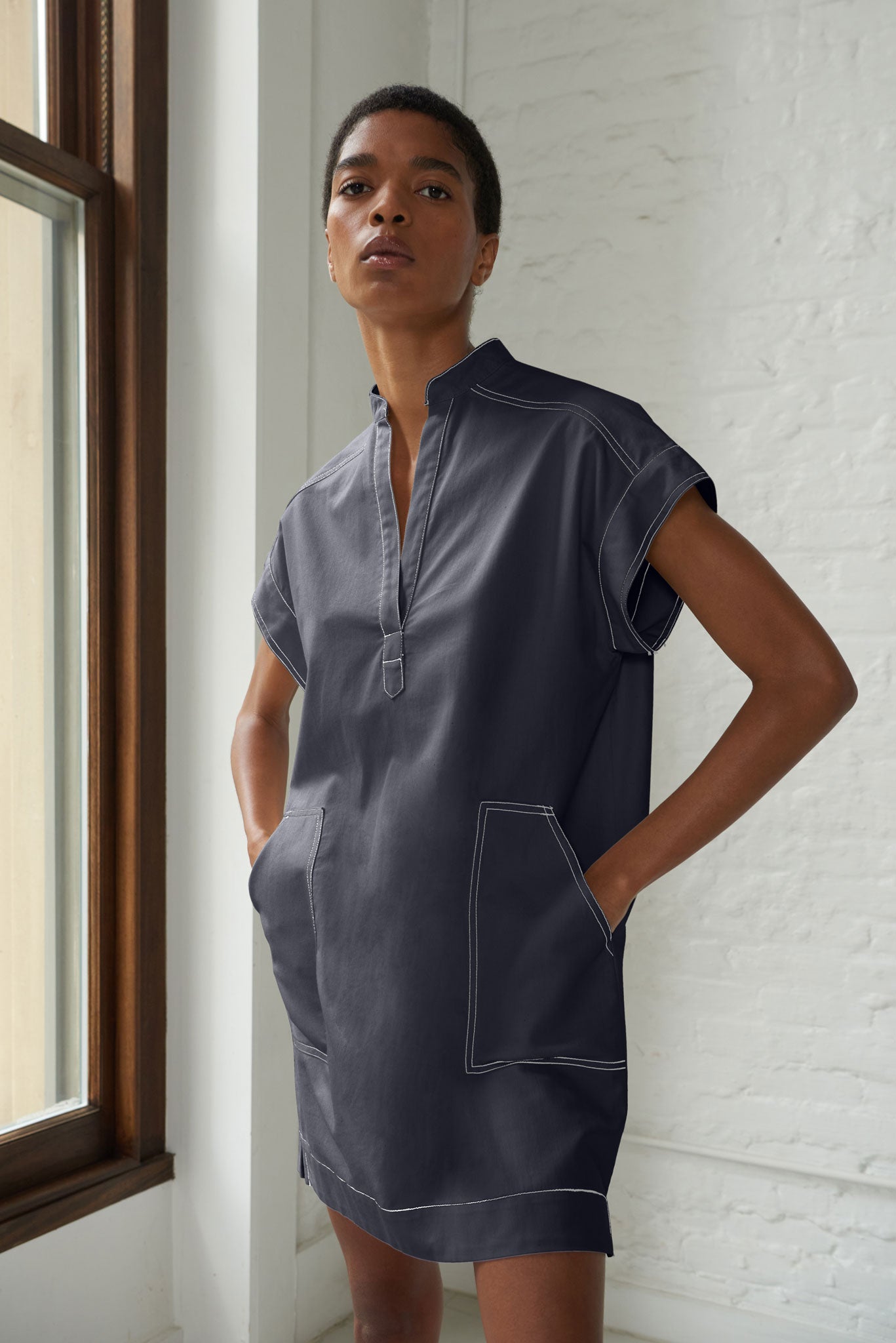 denim dress japanese Japanese Denim Dress with Pleated Sleeves and Lace Applique
