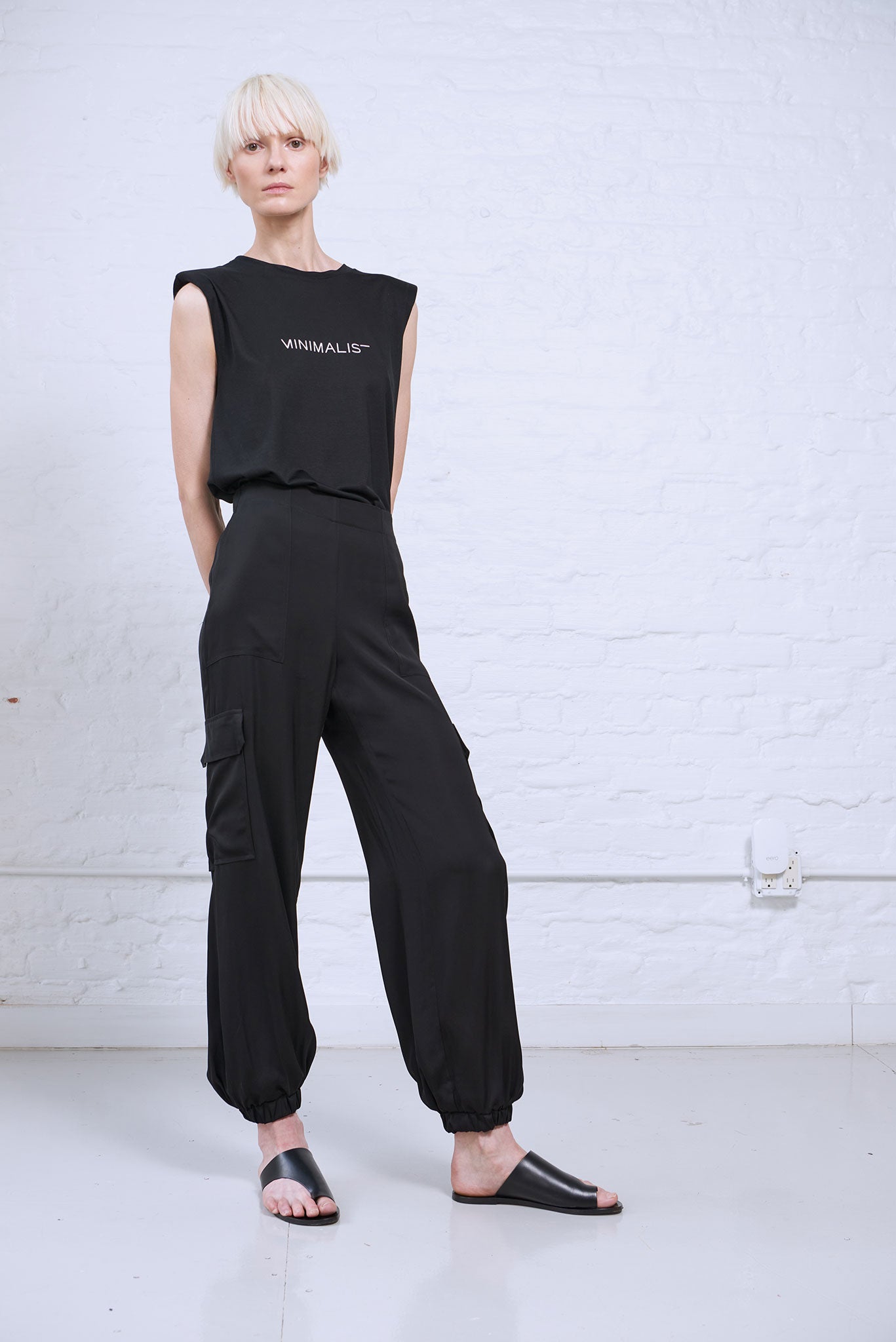 Women's satin cargo pant with elastic waist black 