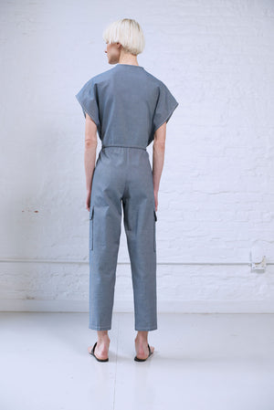 Women's organic cotton denim jumpsuit back view