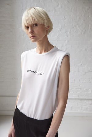 Women's white sleeveless logo crew neck tee with shoulder pads 